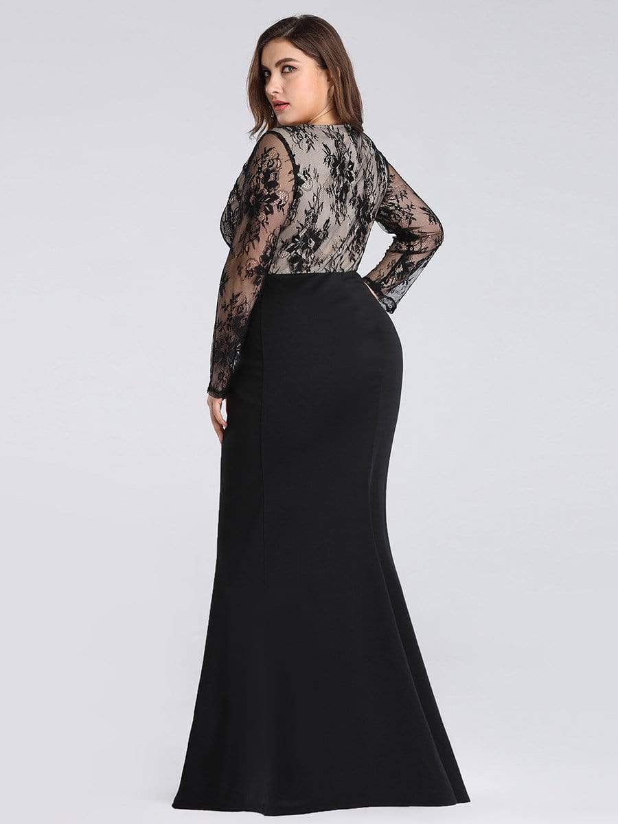 COLOR=Black | Plus Size Fishtail Dresses With Long Lace Sleeve-Black 2