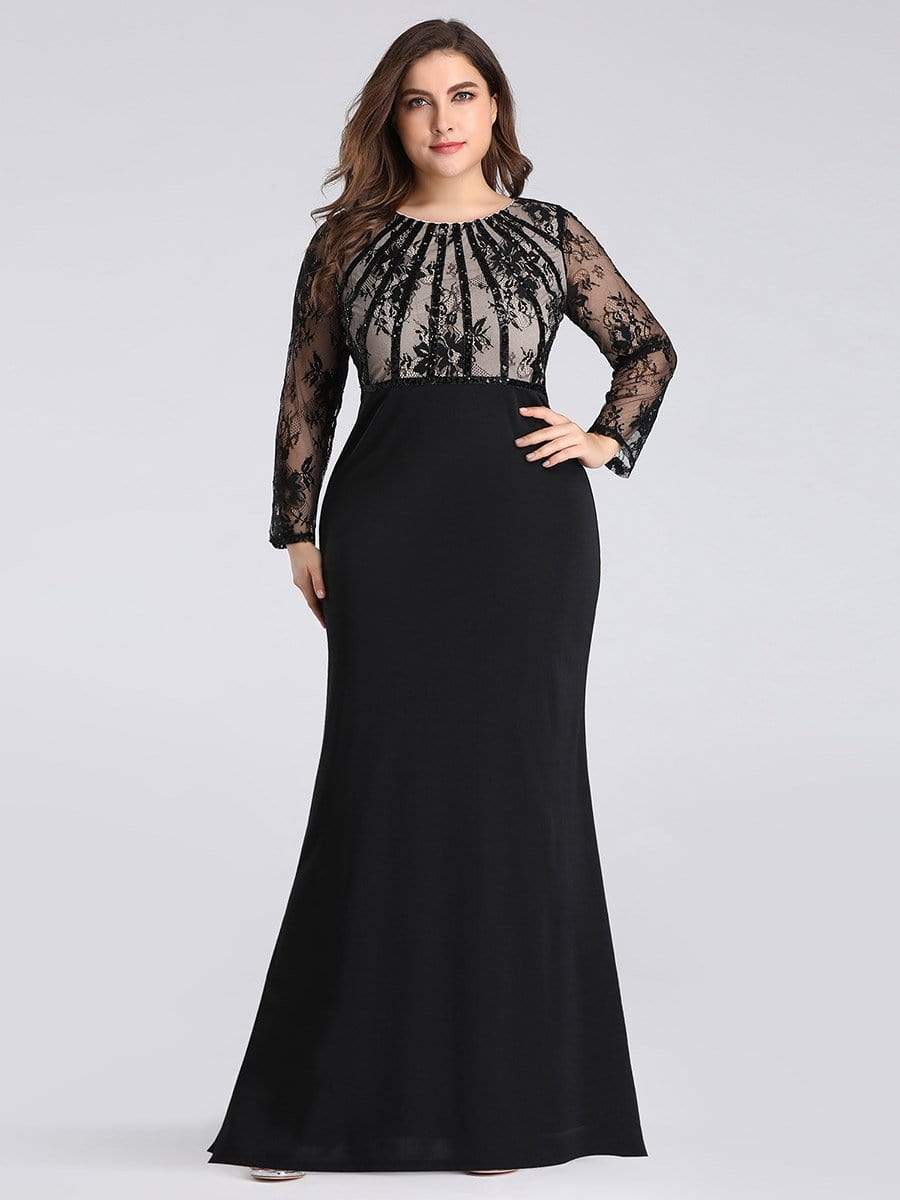 COLOR=Black | Fishtail Dresses With Long Lace Sleeve-Black 1