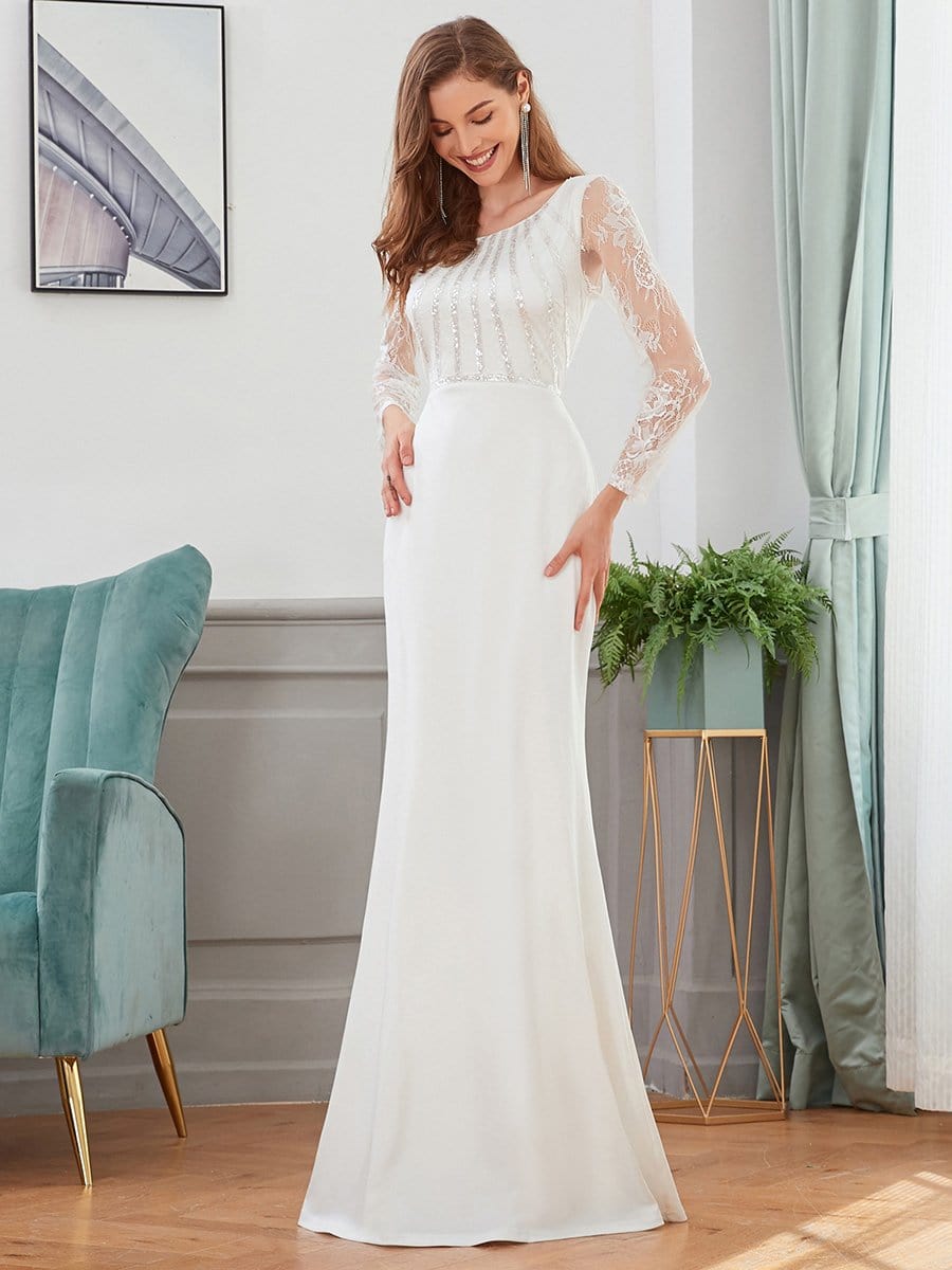 COLOR=Cream |  Fishtail Dresses With Long Lace Sleeve-Cream 3