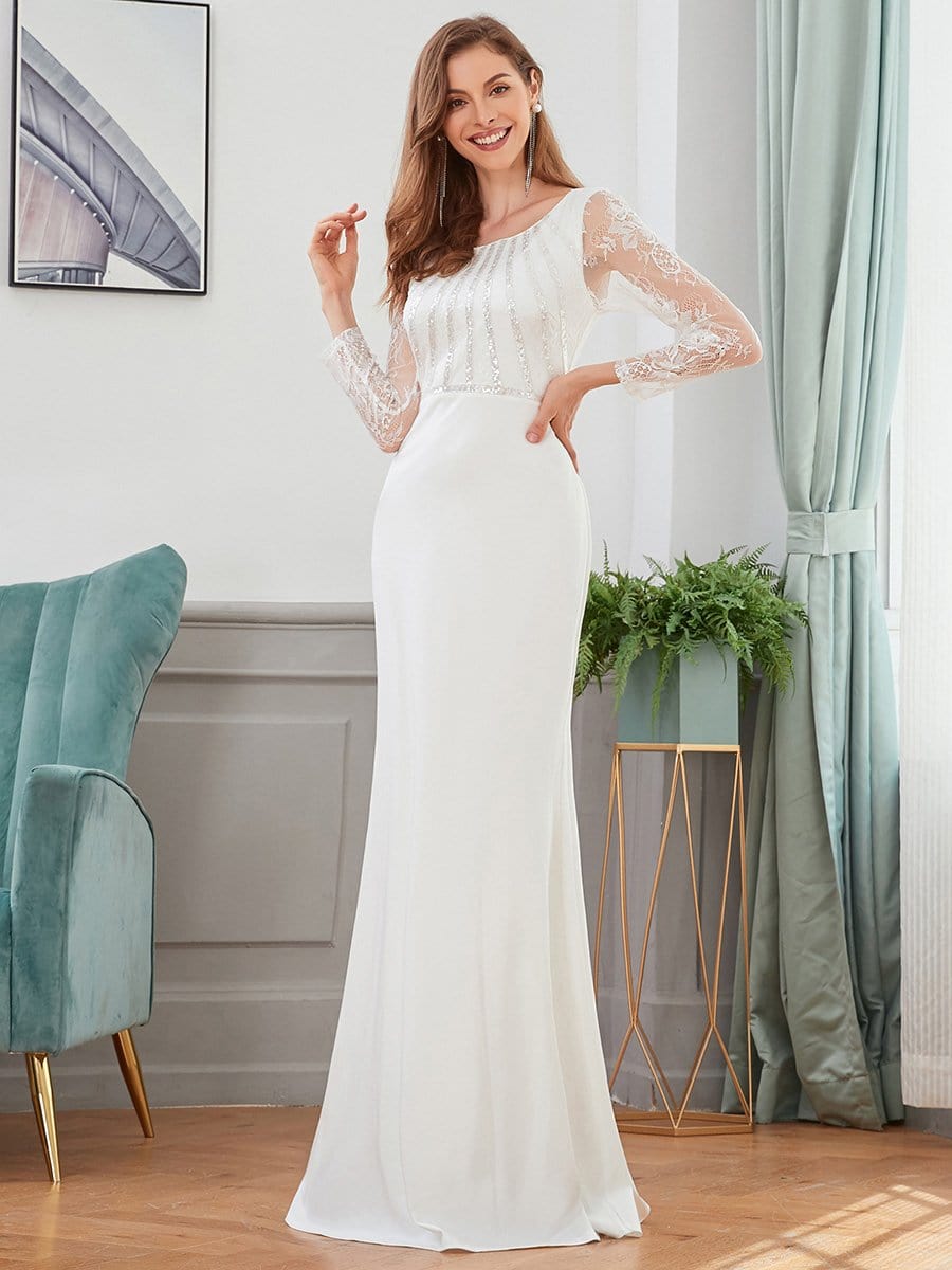 COLOR=Cream |  Fishtail Dresses With Long Lace Sleeve-Cream 1