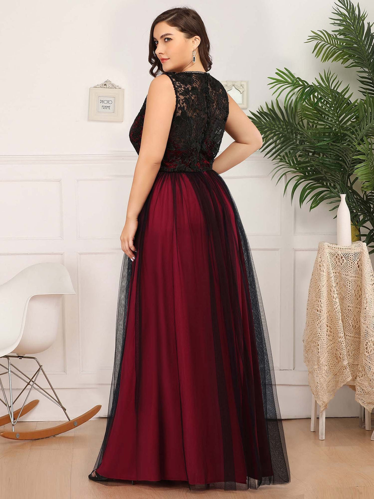 Color=Burgundy | Plus Size Maxi Long Prom Dresses With Mesh-Burgundy 2