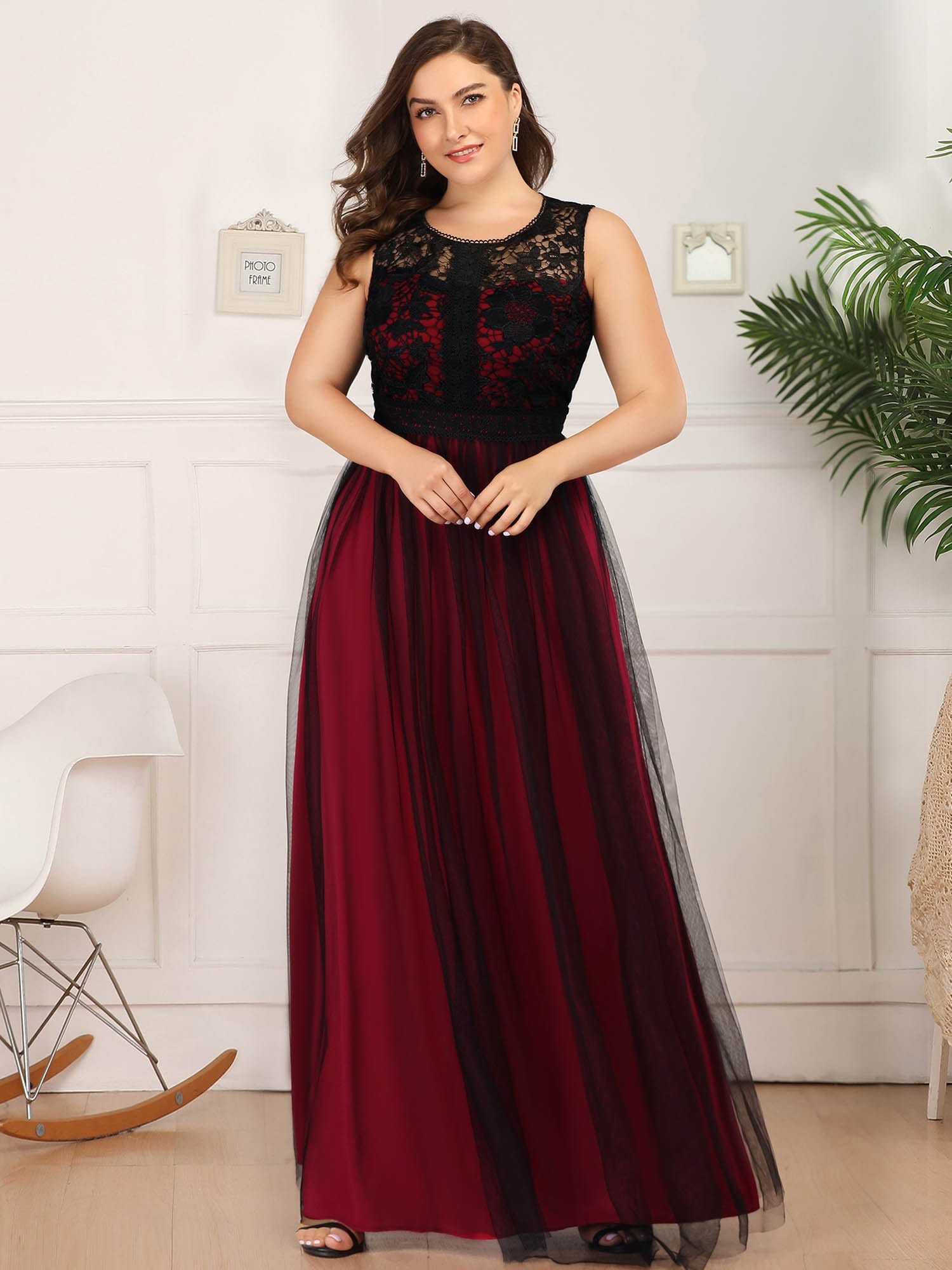 Color=Burgundy | Plus Size Maxi Long Prom Dresses With Mesh-Burgundy 4