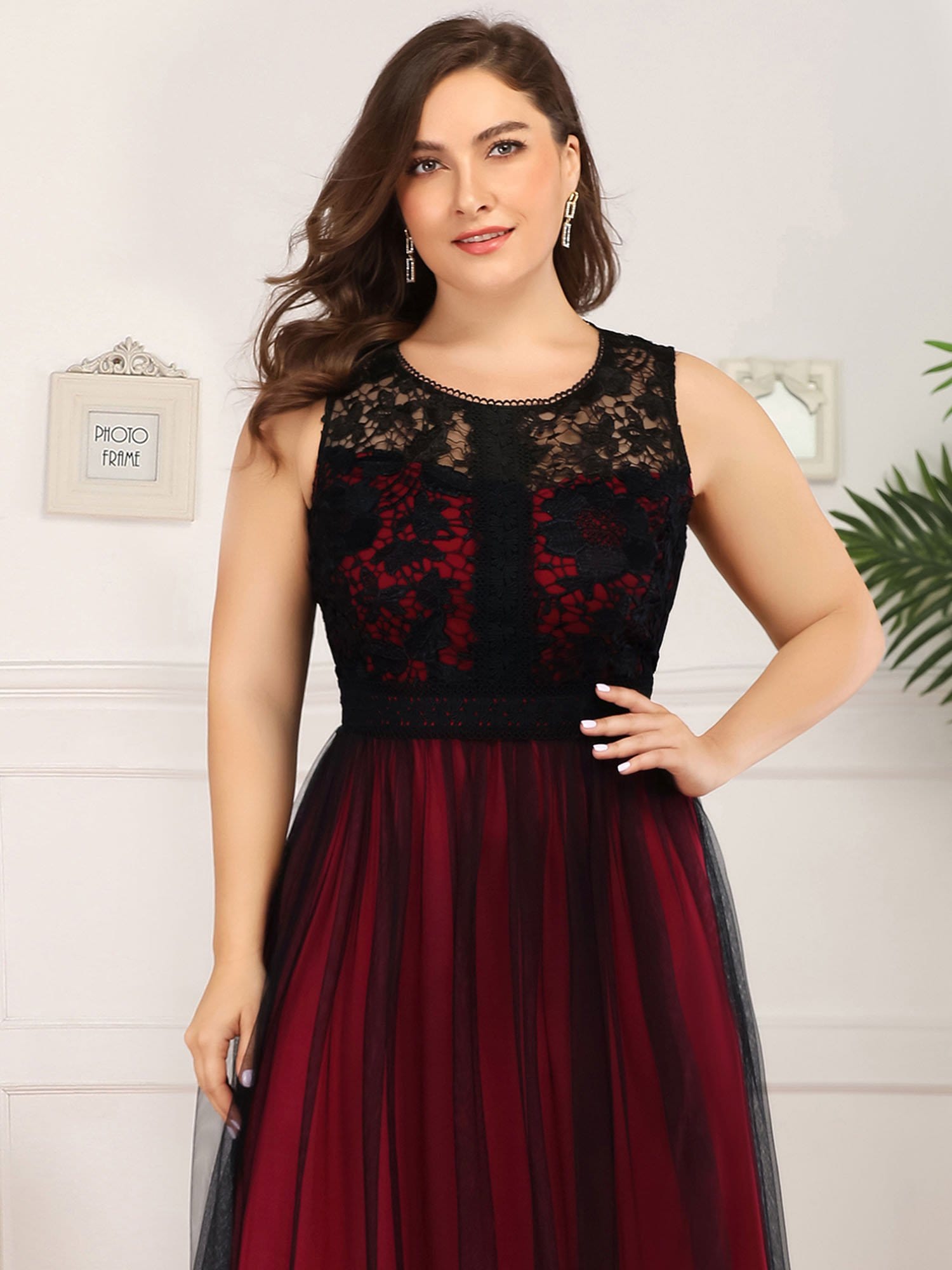 Color=Burgundy | Plus Size Maxi Long Prom Dresses With Mesh-Burgundy 5