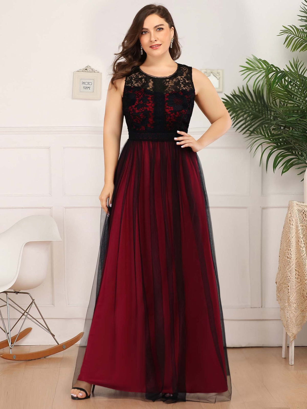 Color=Burgundy | Plus Size Maxi Long Prom Dresses With Mesh-Burgundy 1