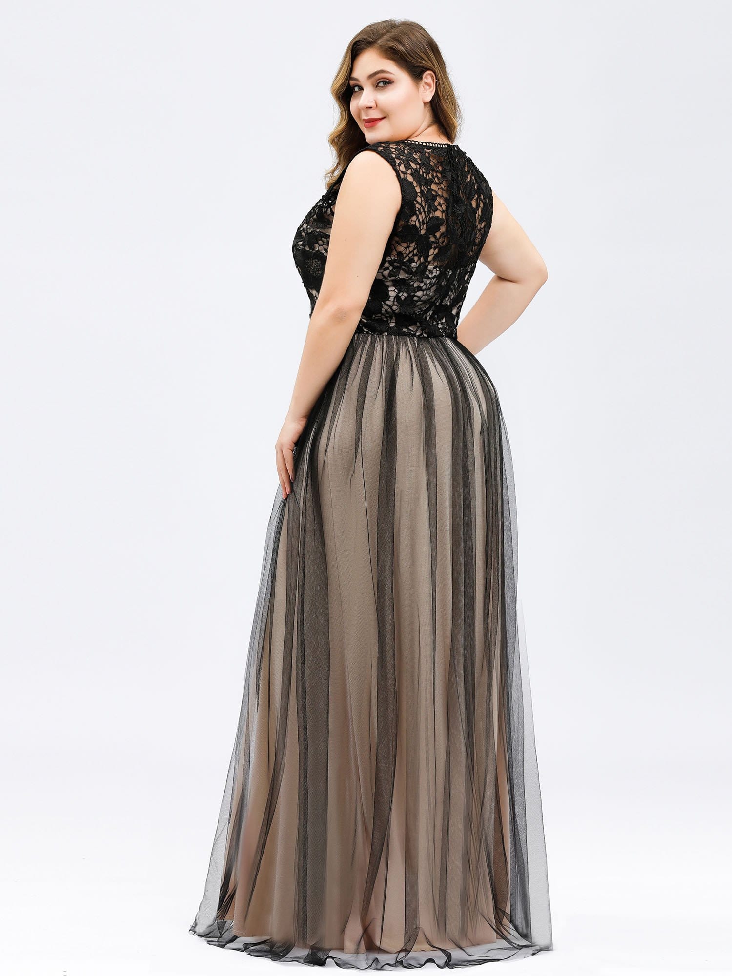 Color=Black | Plus Size Maxi Long Prom Dresses With Mesh-Black 2