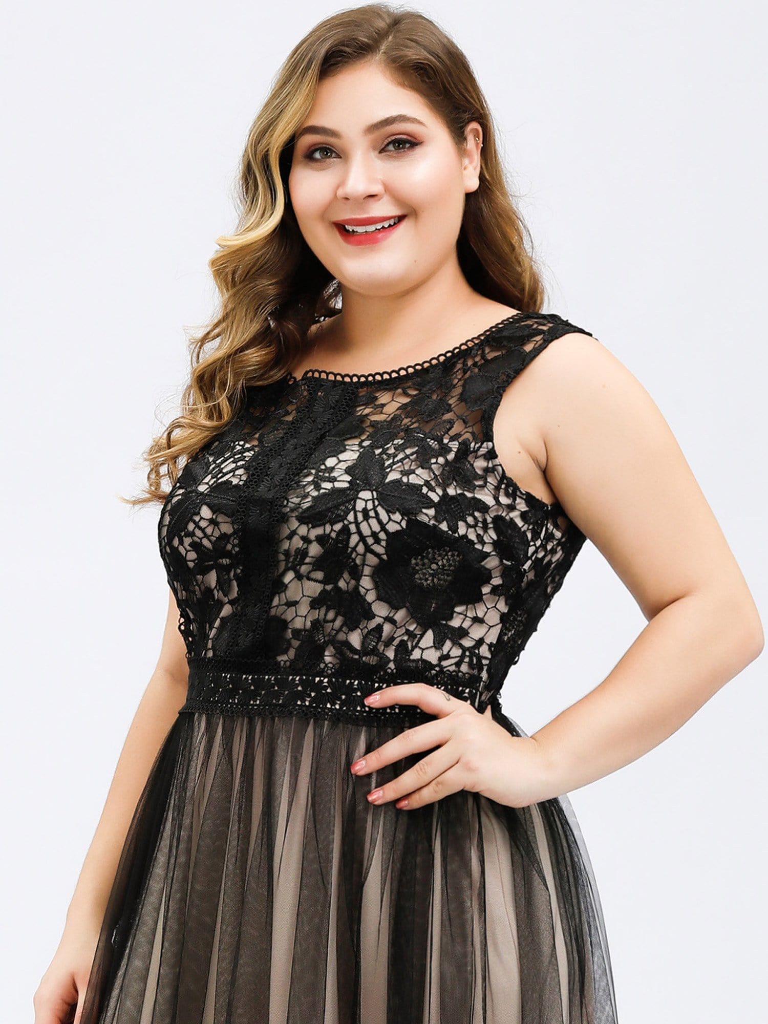 Color=Black | Plus Size Maxi Long Prom Dresses With Mesh-Black 5