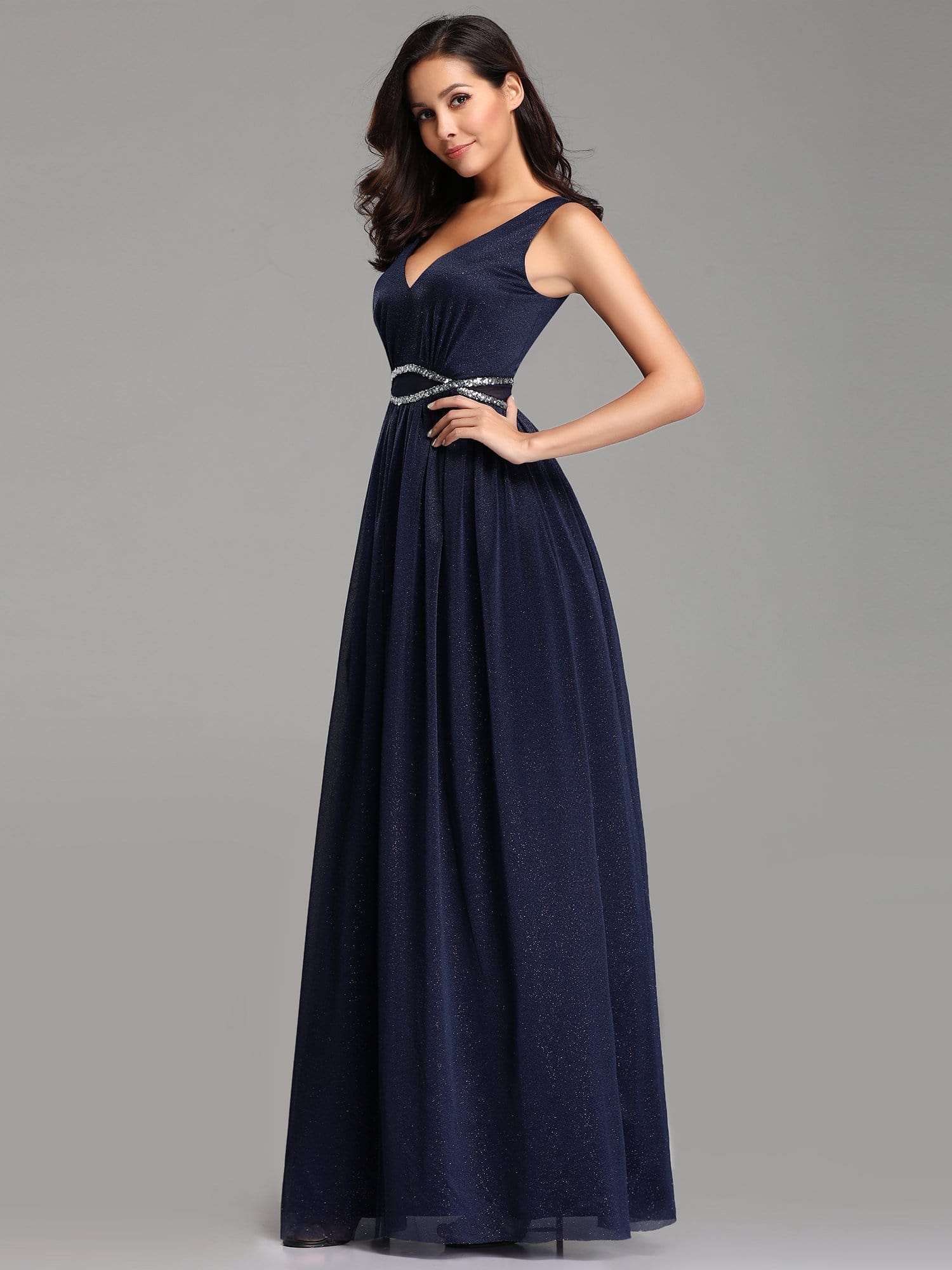 Color=Navy Blue | Ever-Pretty Maxi Long Prom Dresses With Diamond Belt-Navy Blue 3