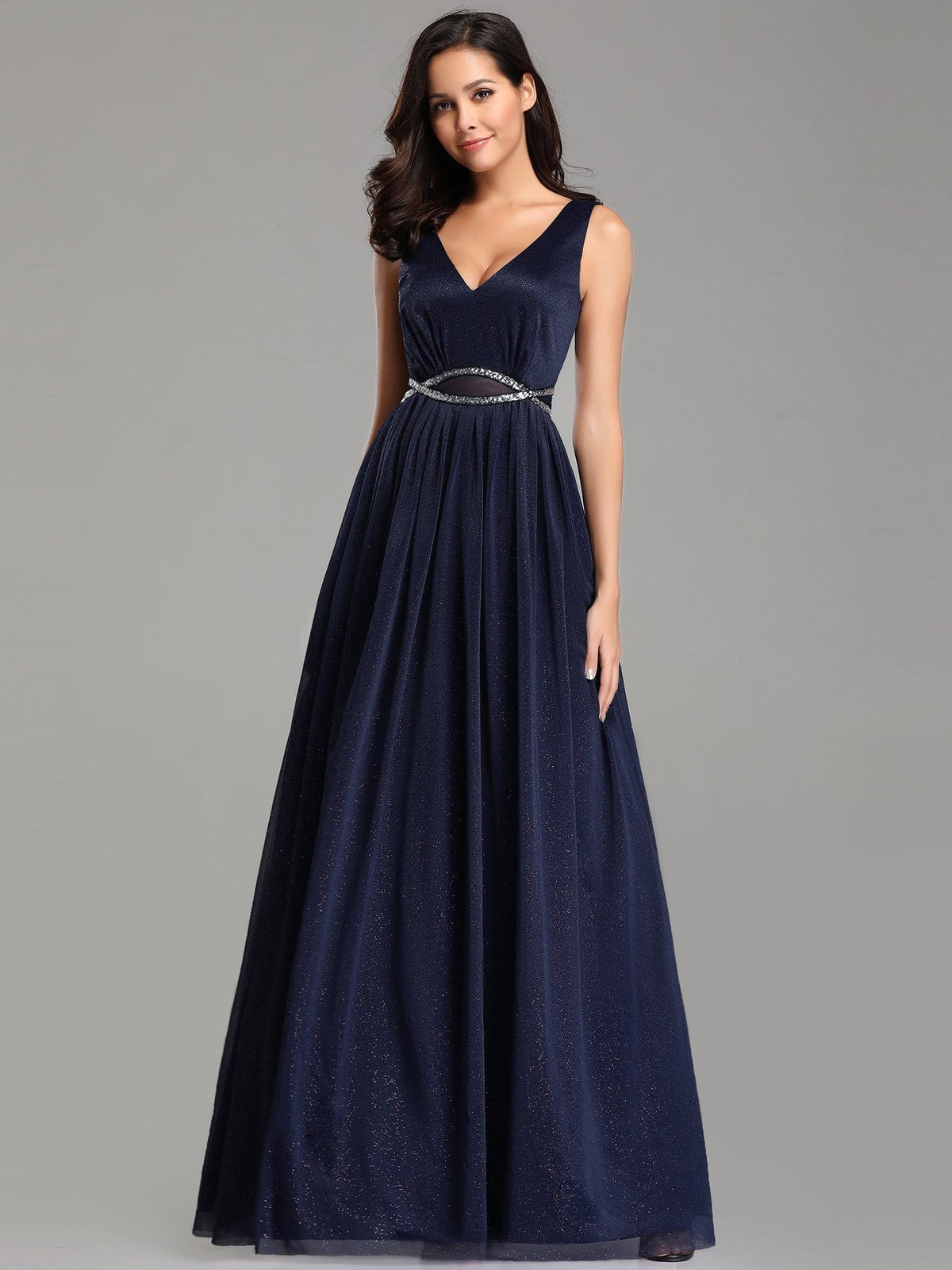 Color=Navy Blue | Ever-Pretty Maxi Long Prom Dresses With Diamond Belt-Navy Blue 1