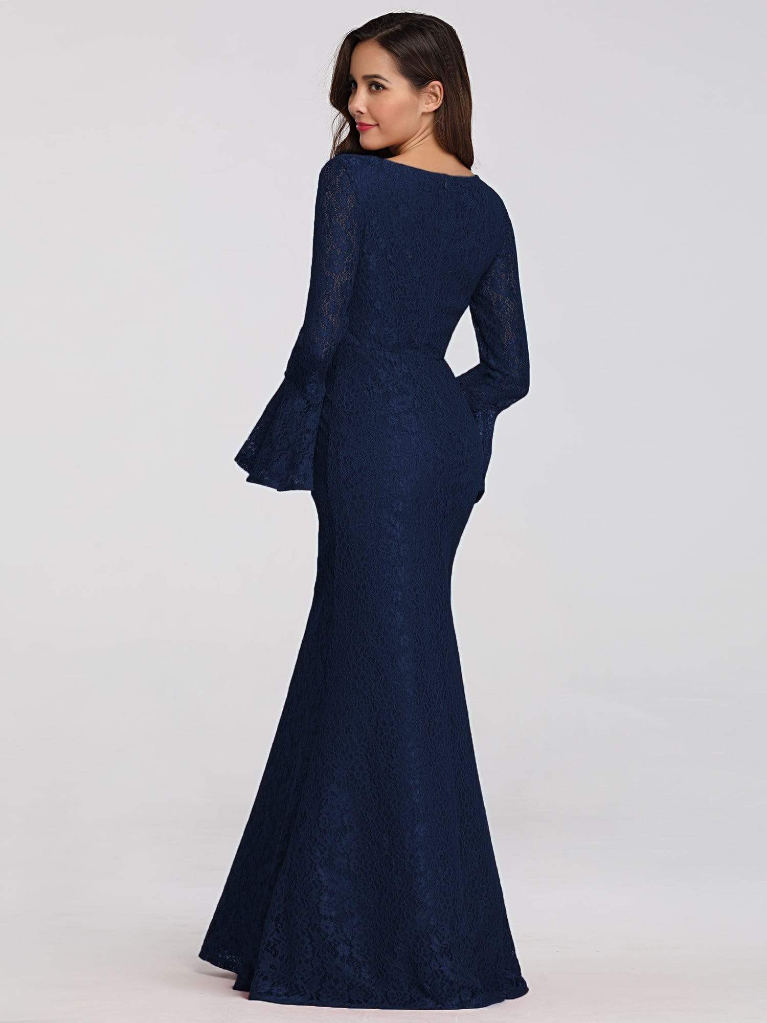 Color=Navy Blue | Long Flare Sleeve Lace Mermaid Evening Party Dresses-Navy Blue 2
