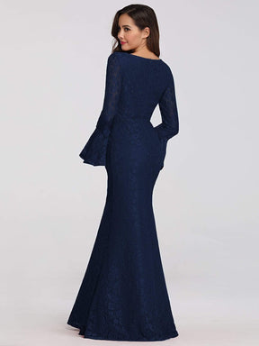 Color=Navy Blue | Long Flare Sleeve Lace Mermaid Evening Party Dresses-Navy Blue 2
