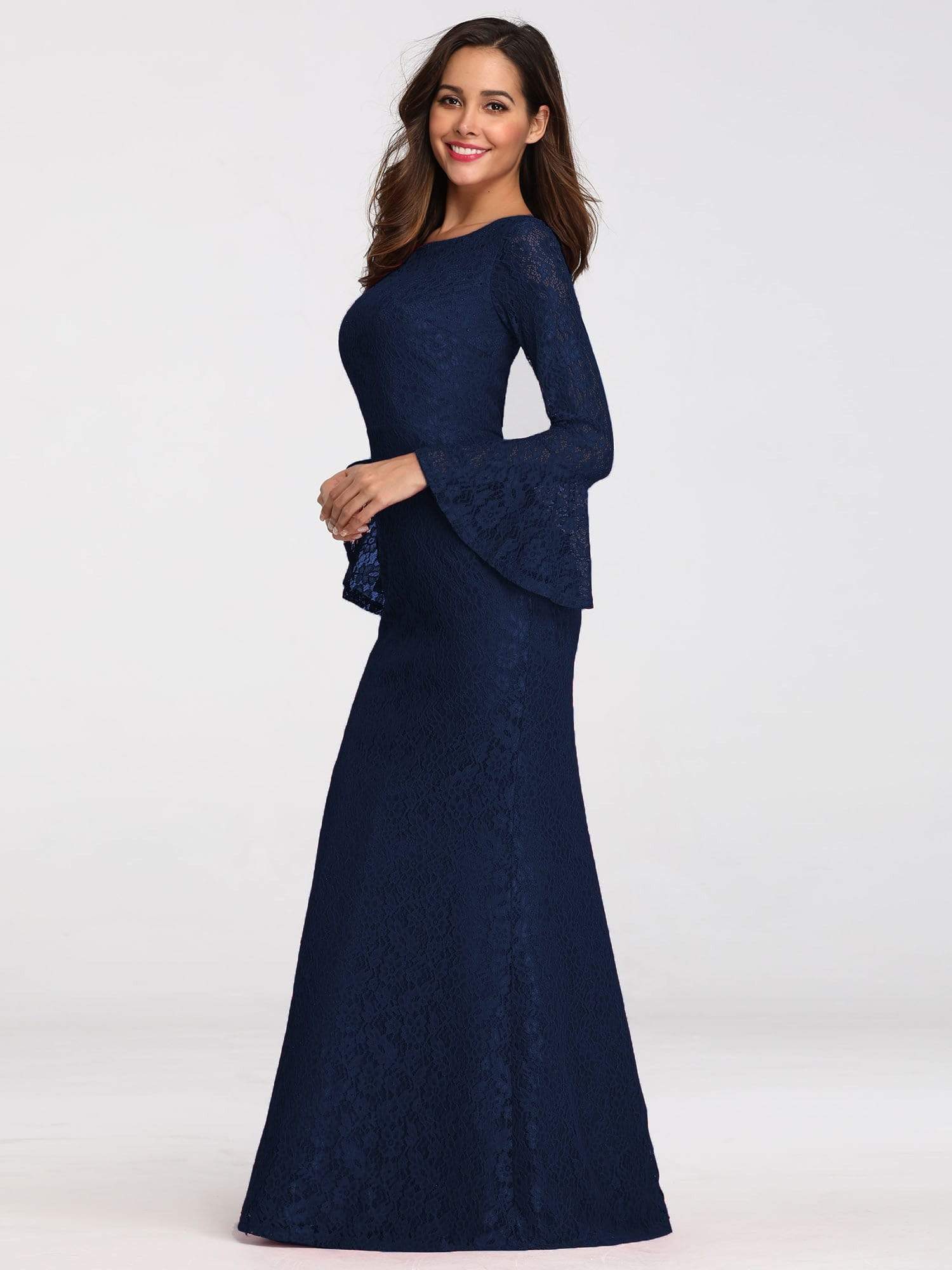 Color=Navy Blue | Long Flare Sleeve Lace Mermaid Evening Party Dresses-Navy Blue 3