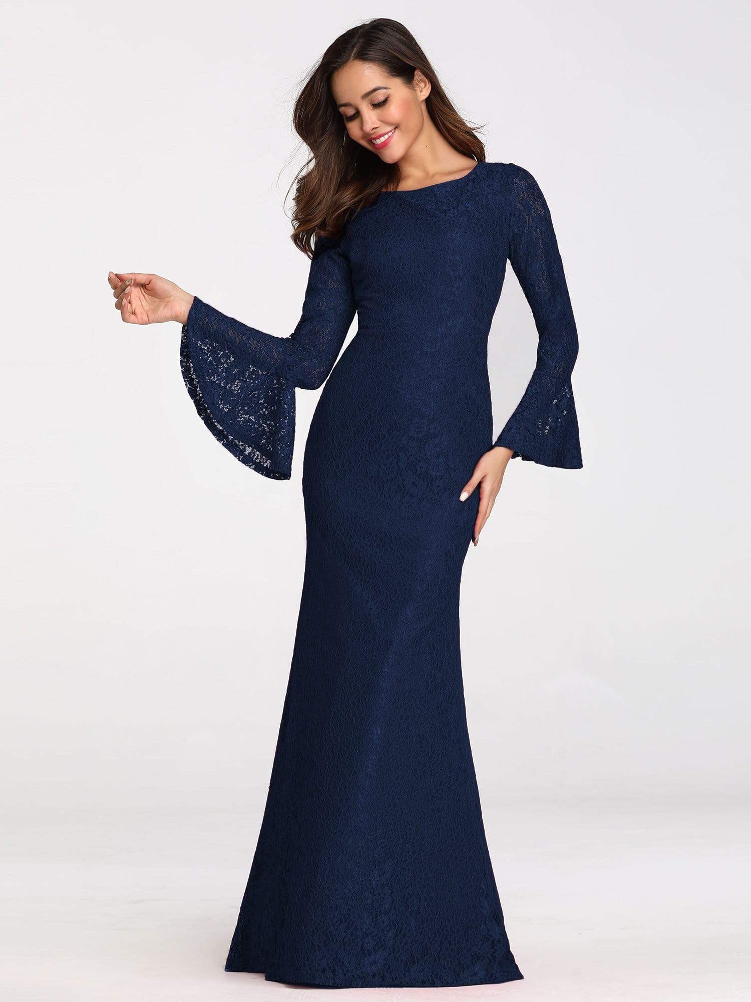 Color=Navy Blue | Long Flare Sleeve Lace Mermaid Evening Party Dresses-Navy Blue 4