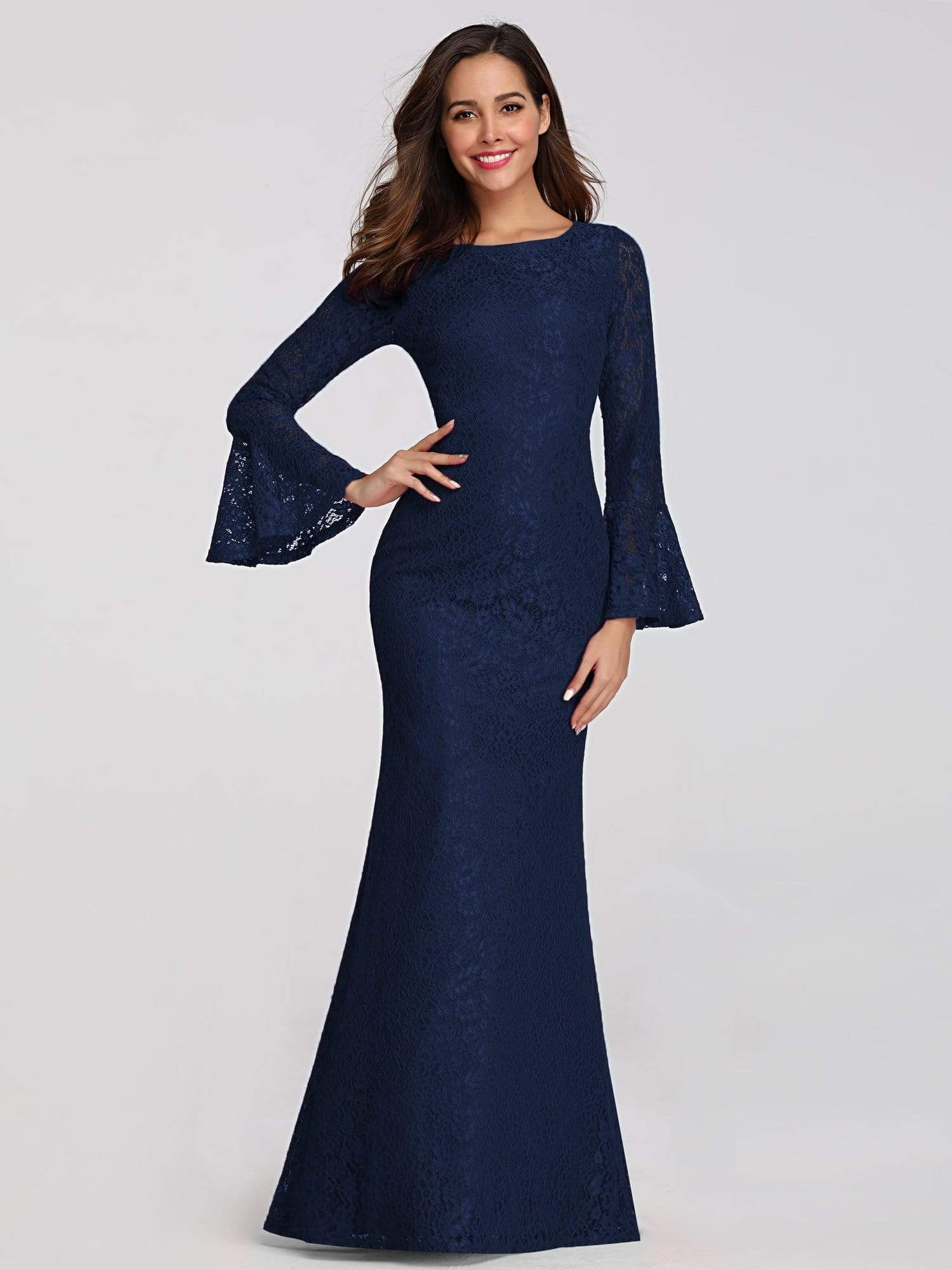 Color=Navy Blue | Long Flare Sleeve Lace Mermaid Evening Party Dresses-Navy Blue 1