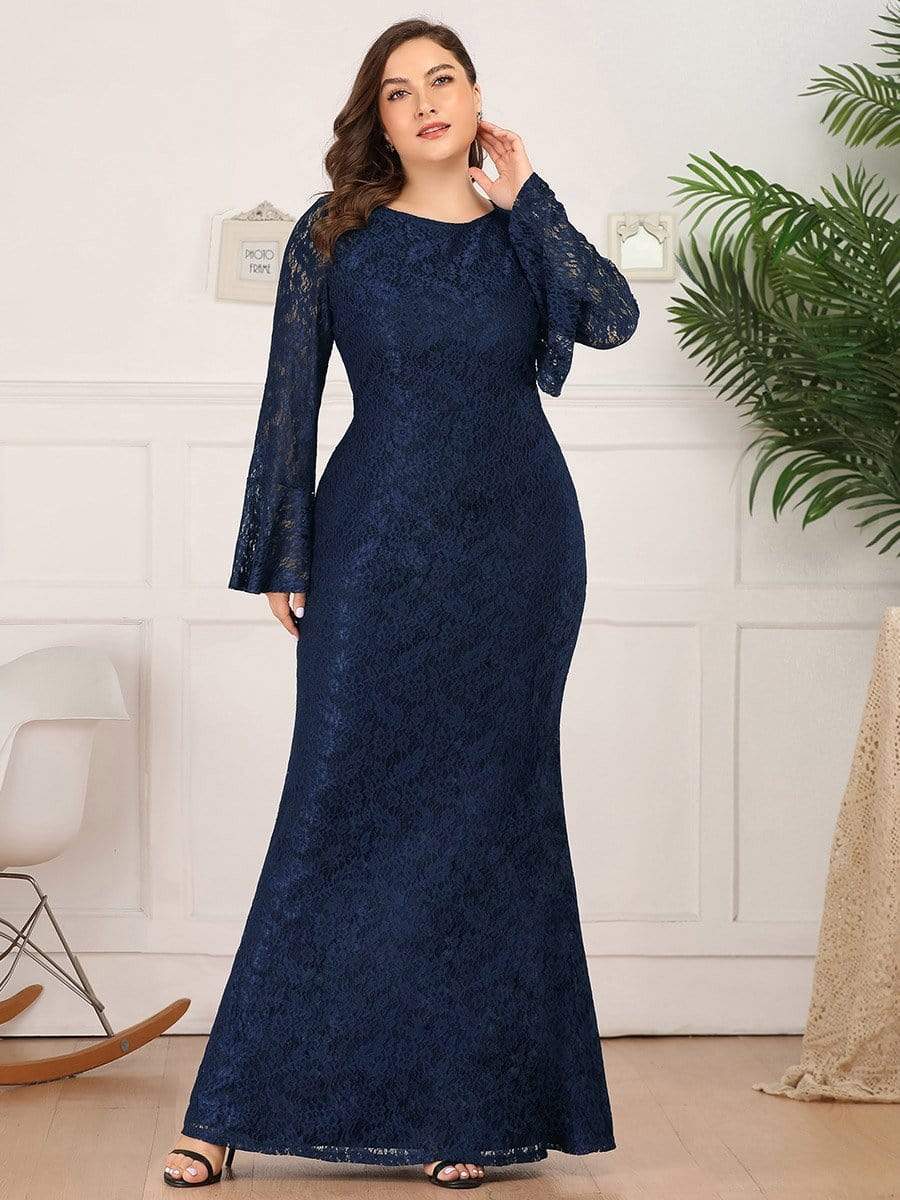 Color=Navy Blue | Long Flare Sleeve Lace Mermaid Plus Size Evening Party Dresses-Navy Blue 4