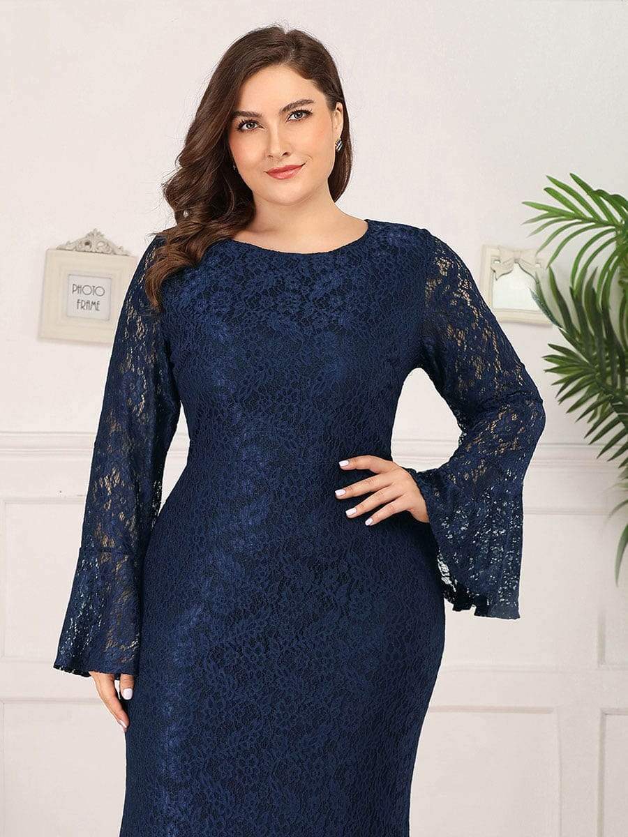 Color=Navy Blue | Long Flare Sleeve Lace Mermaid Plus Size Evening Party Dresses-Navy Blue 5