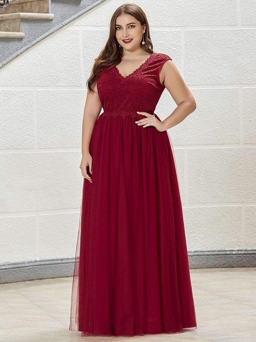 Color=Burgundy | Ever-Pretty Elegant Burgundy Maxi Long Lace Dresses-Burgundy 6