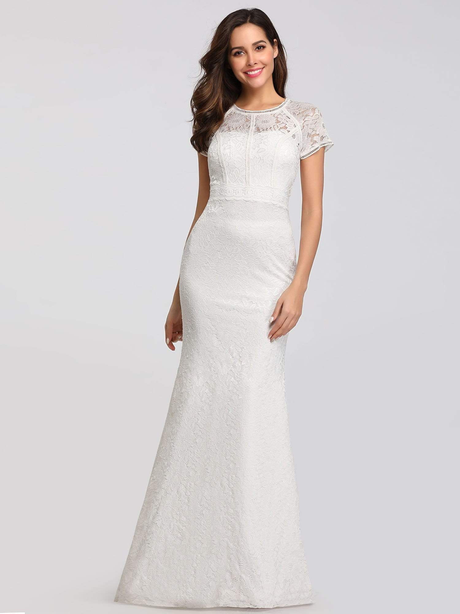 Color=White | Elegant Lace Dresses For Women With Short Sleeve-White 4