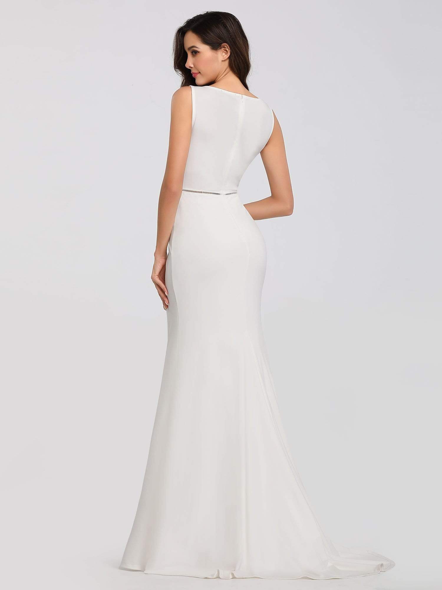 Color=Cream | Sleeveless Round Neck Fishtail Evening Dress-Cream 2