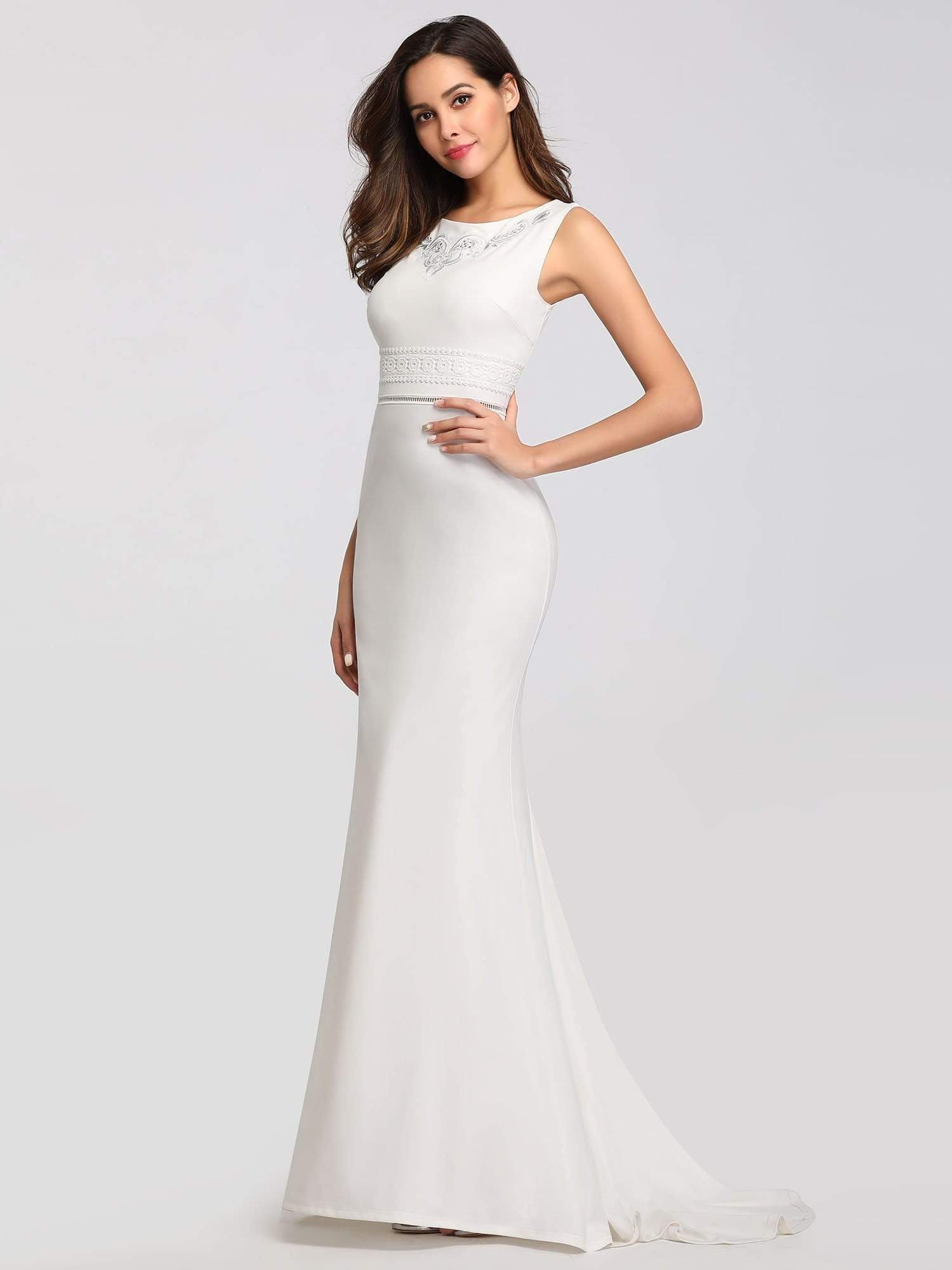 Color=Cream | Sleeveless Round Neck Fishtail Evening Dress-Cream 3