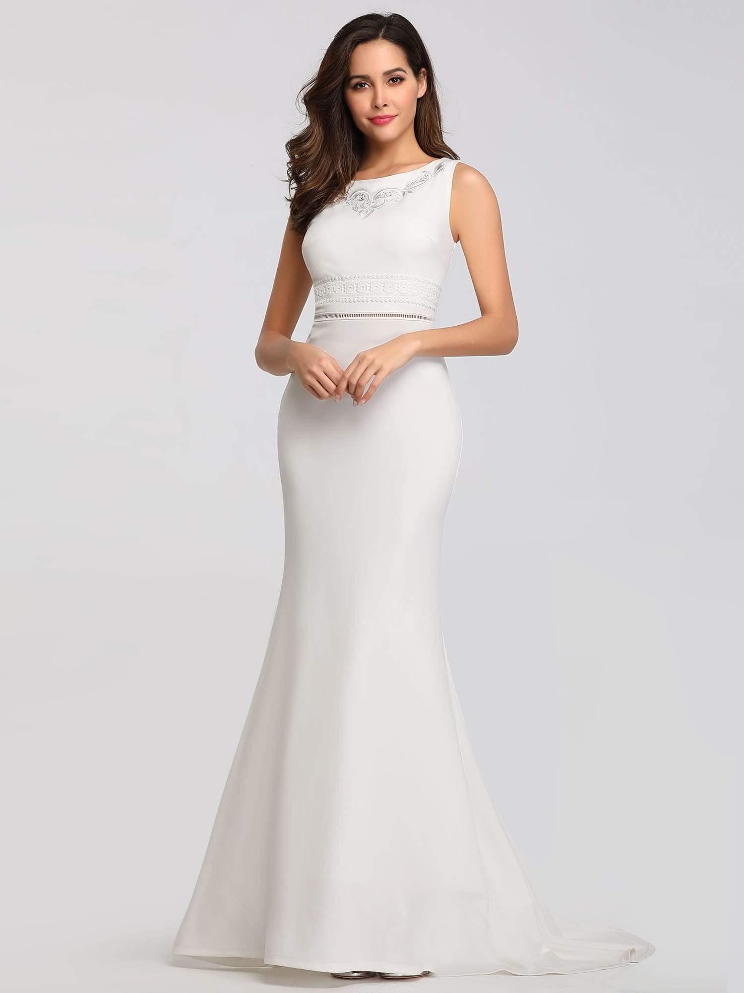 Color=Cream | Sleeveless Round Neck Fishtail Evening Dress-Cream 4