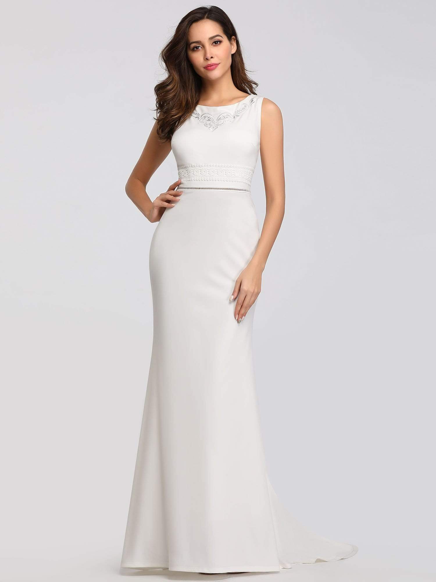 Color=Cream | Sleeveless Round Neck Fishtail Evening Dress-Cream 1