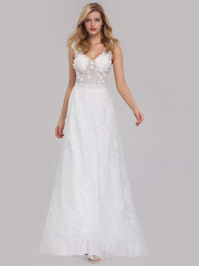 Color=Cream | Women'S V-Neck Lace Wedding Dress-Cream 1