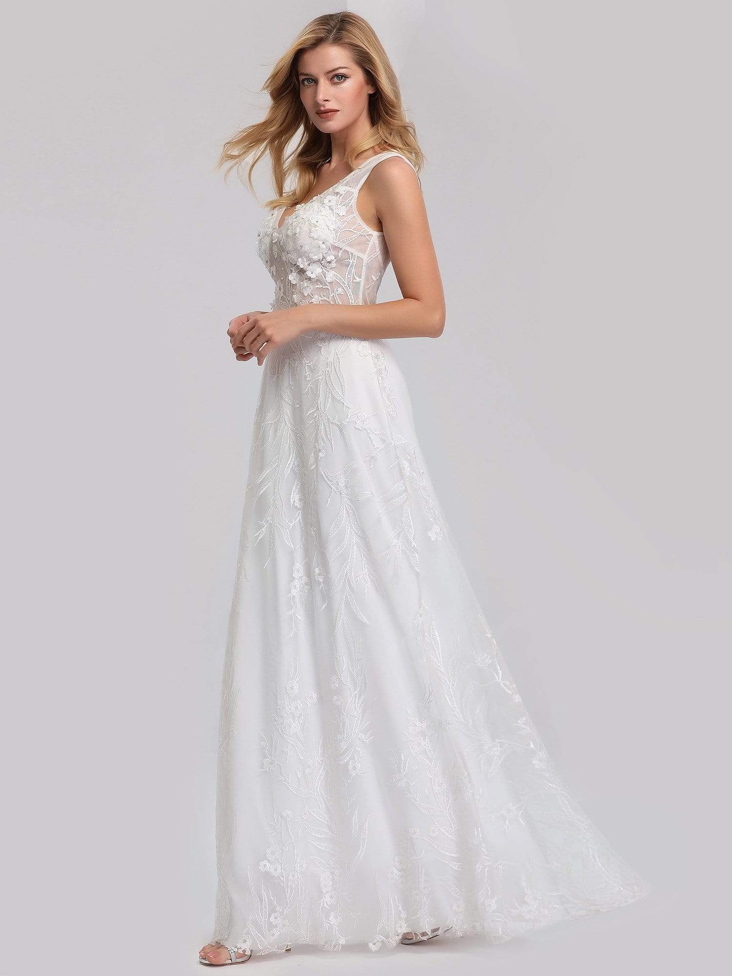 Color=Cream | Women'S V-Neck Lace Wedding Dress-Cream 4
