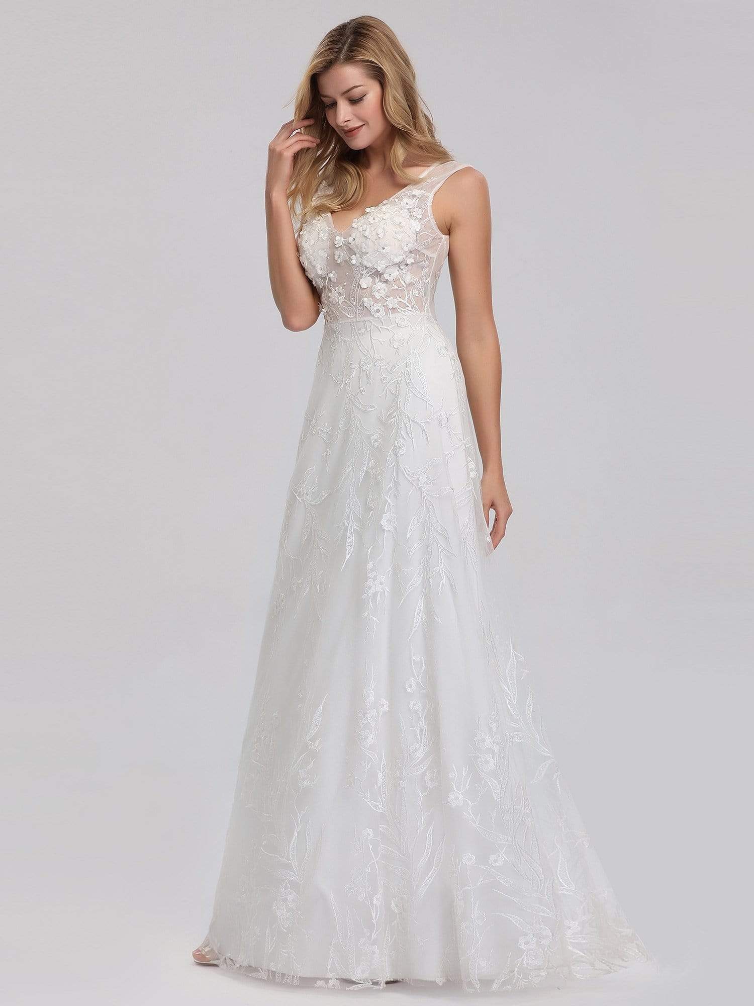 Color=Cream | Women'S V-Neck Lace Wedding Dress-Cream 3