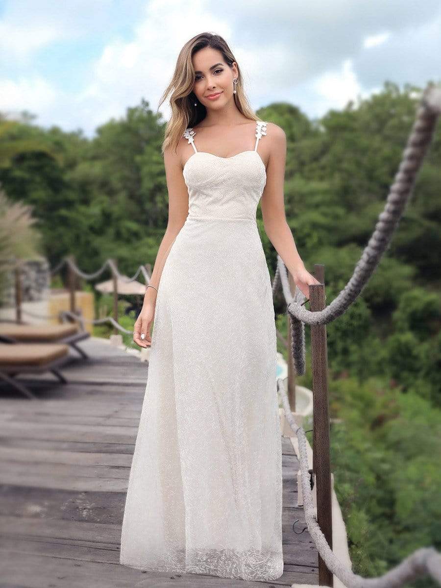 Color=Cream | Spaghetti Straps Sweet Heart Neckline Lace Wedding Dresses-Cream 1