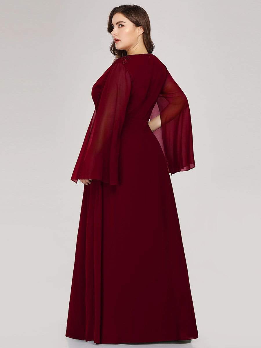 Color=Burgundy | Plus Size V Neck Evening Dress With Long Sleeves-Burgundy 2