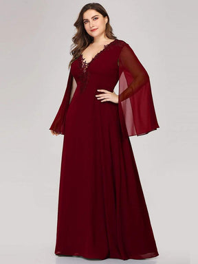 Color=Burgundy | Plus Size V Neck Evening Dress With Long Sleeves-Burgundy 3