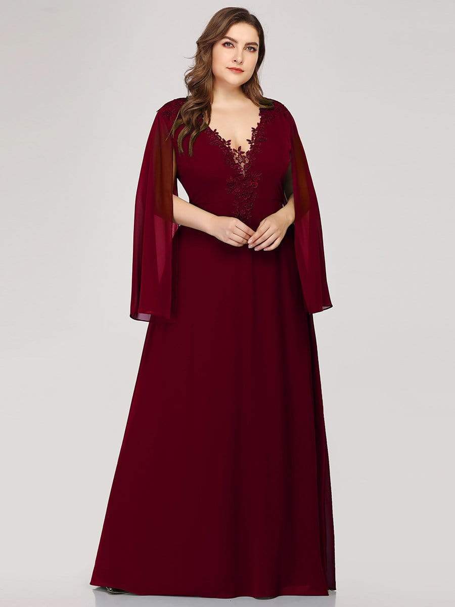 Color=Burgundy | Plus Size V Neck Evening Dress With Long Sleeves-Burgundy 4