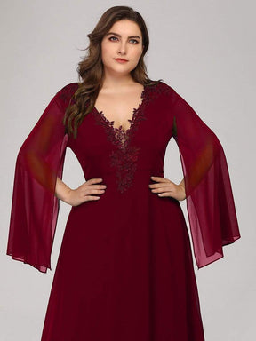Color=Burgundy | Plus Size V Neck Evening Dress With Long Sleeves-Burgundy 5