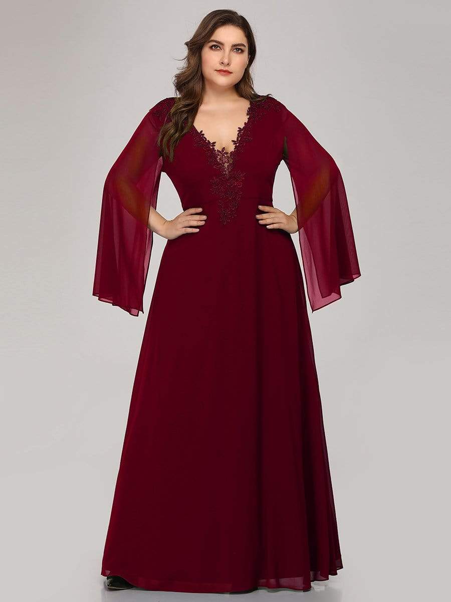 Color=Burgundy | Plus Size V Neck Evening Dress With Long Sleeves-Burgundy 1