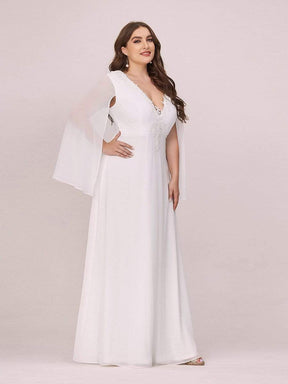 Color=Cream | Plus Size V Neck Evening Dress With Long Sleeves-Cream 3