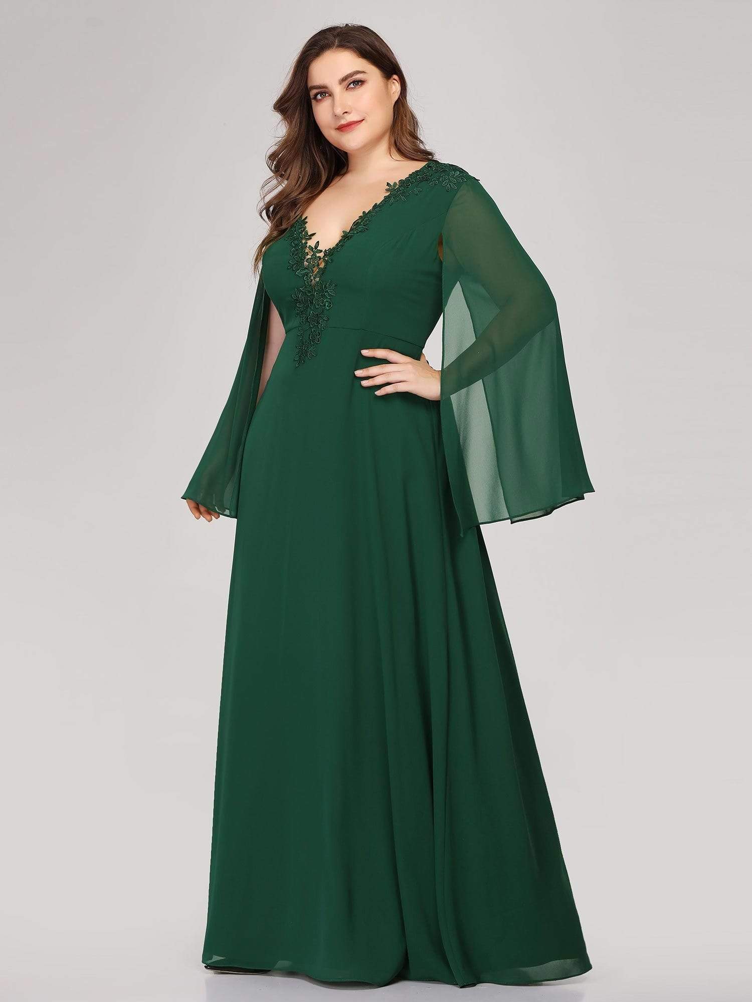 Color=Dark Green | Plus Size V Neck Evening Dress With Long Sleeves-Dark Green 3