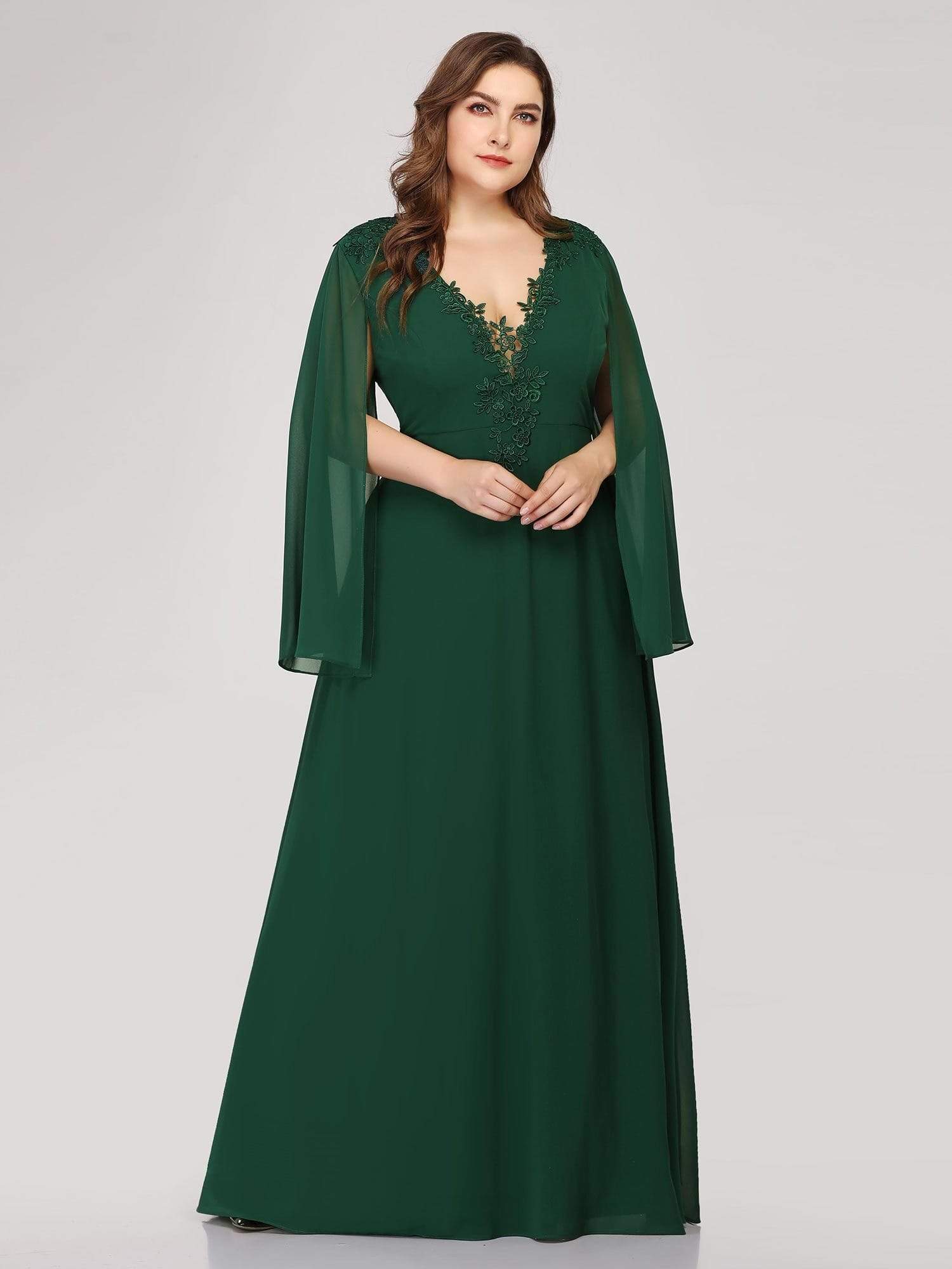 Color=Dark Green | Plus Size V Neck Evening Dress With Long Sleeves-Dark Green 4