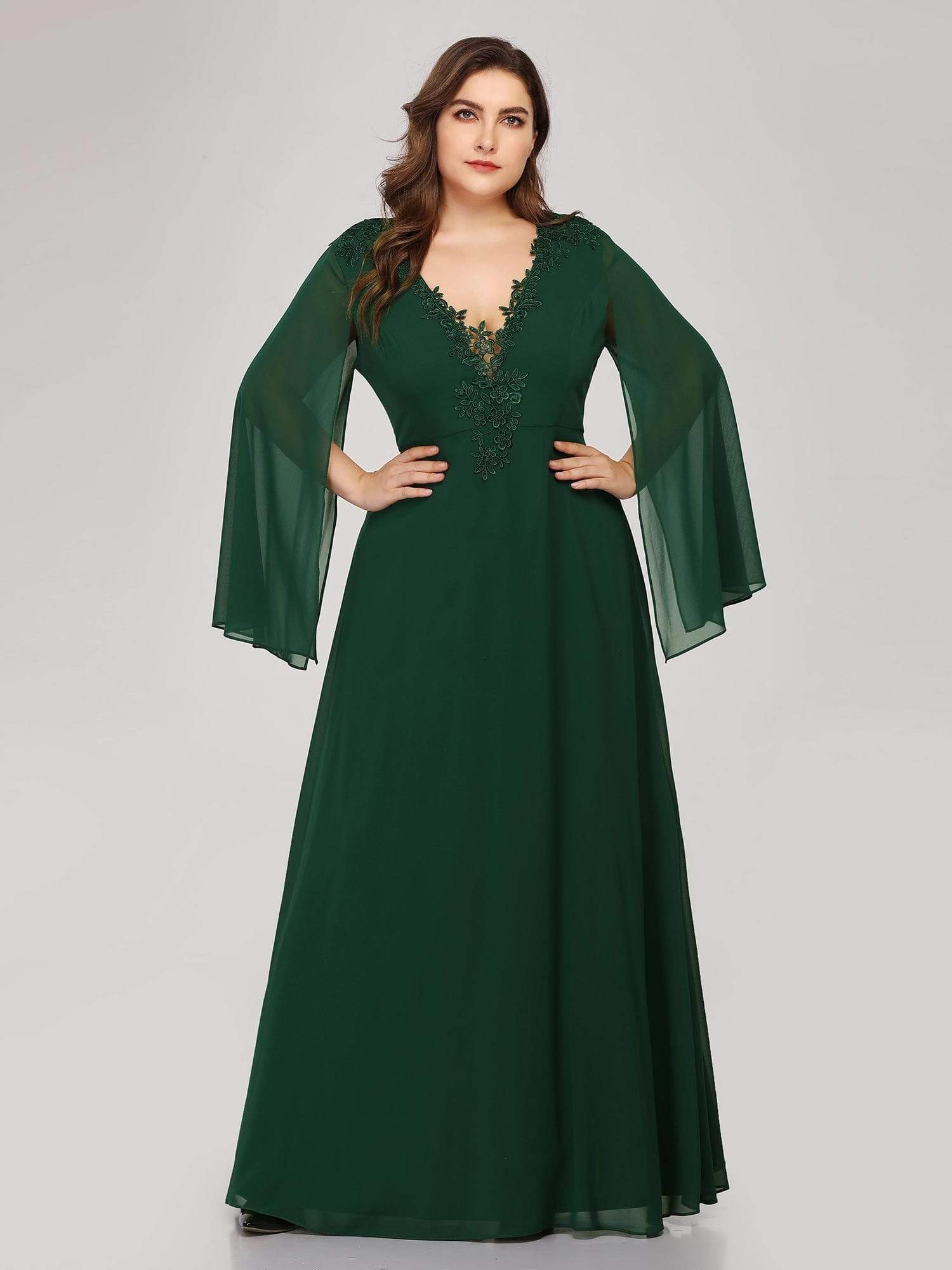 Color=Dark Green | Plus Size V Neck Evening Dress With Long Sleeves-Dark Green 1