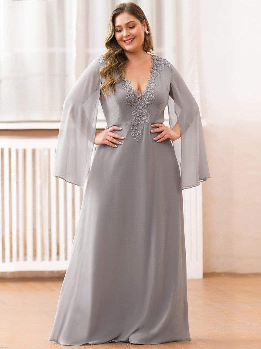 Color=Grey | Plus Size V Neck Evening Dress With Long Sleeves-Grey 3