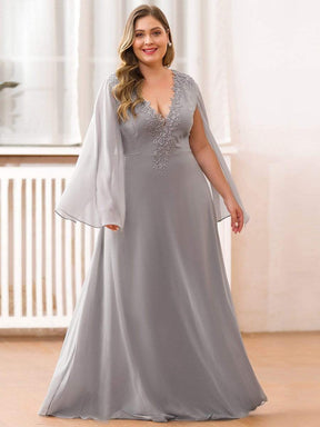 Color=Grey | Plus Size V Neck Evening Dress With Long Sleeves-Grey 4
