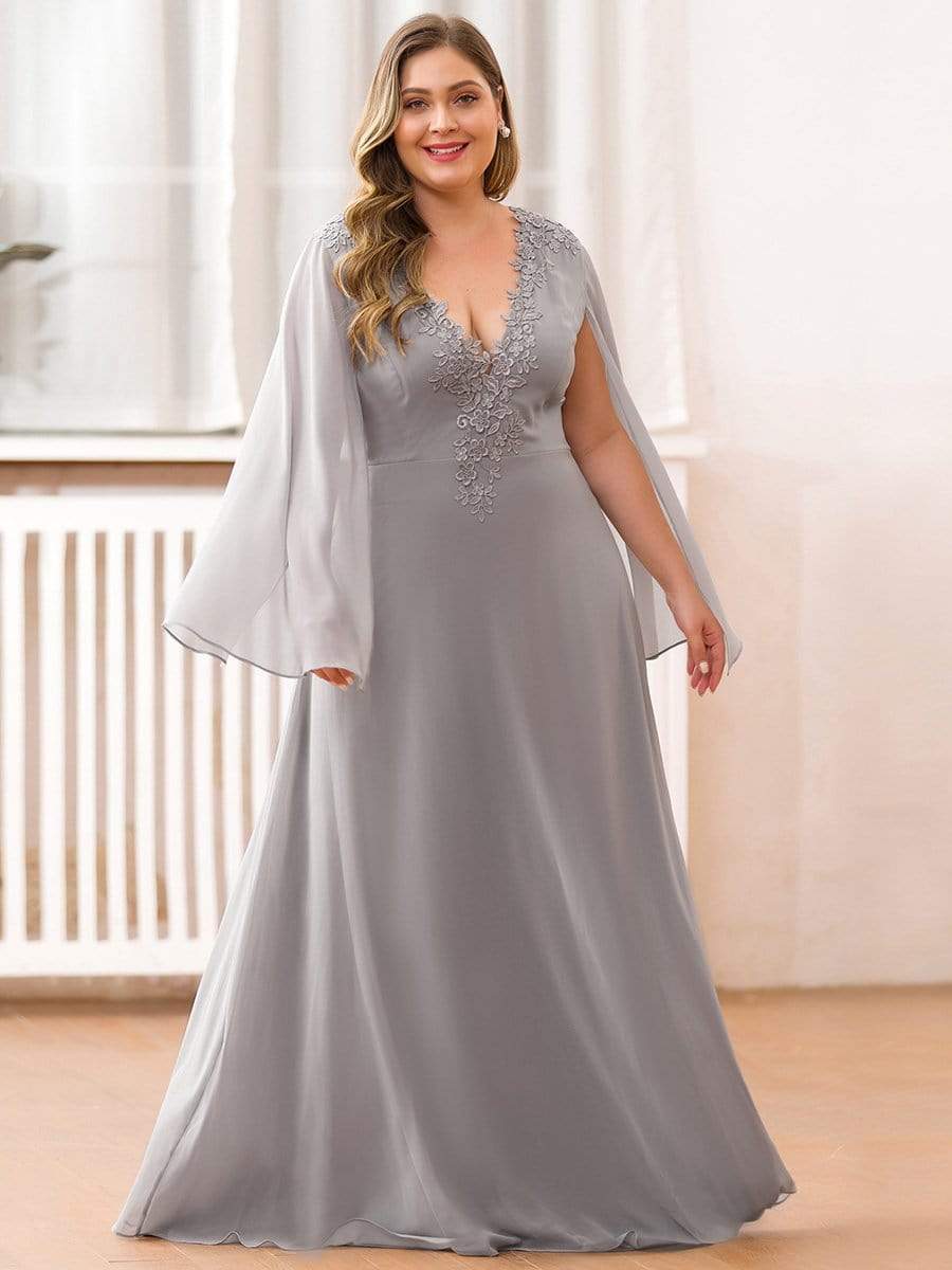 Color=Grey | Plus Size V Neck Evening Dress With Long Sleeves-Grey 4