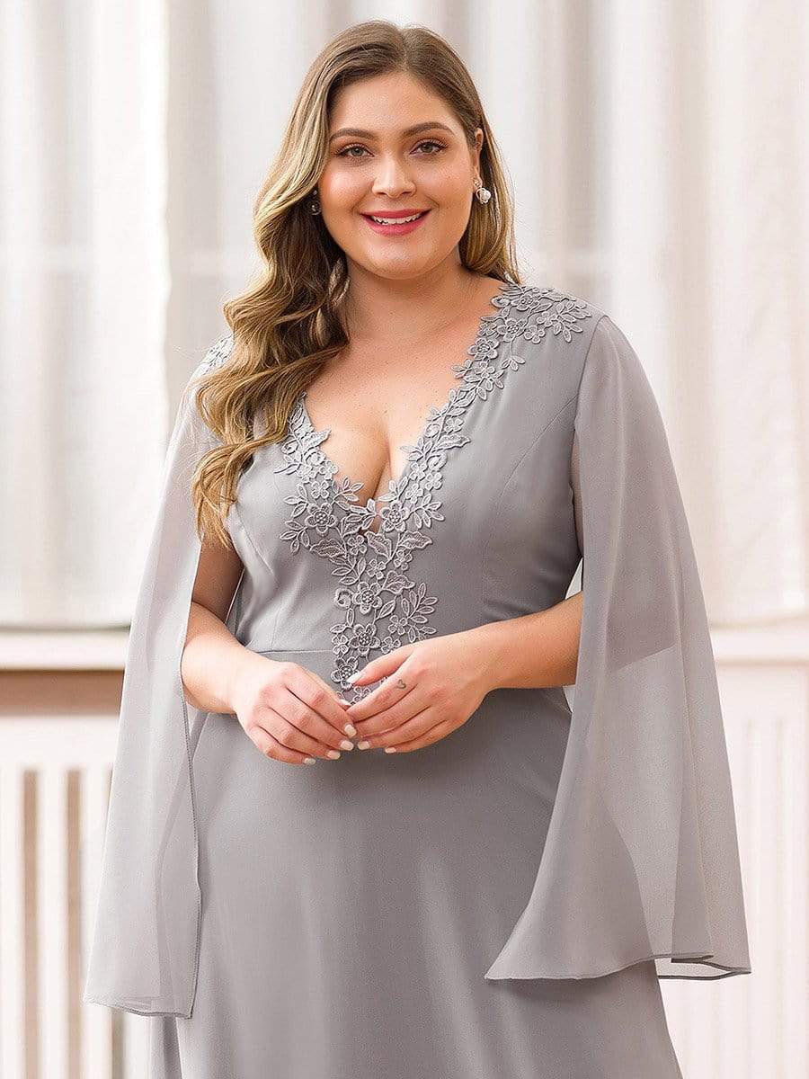 Color=Grey | Plus Size V Neck Evening Dress With Long Sleeves-Grey 5
