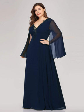 Color=Navy Blue | Plus Size V Neck Evening Dress With Long Sleeves-Navy Blue 3