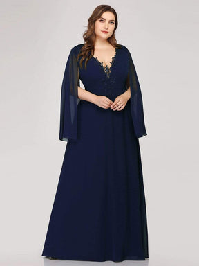 Color=Navy Blue | Plus Size V Neck Evening Dress With Long Sleeves-Navy Blue 4