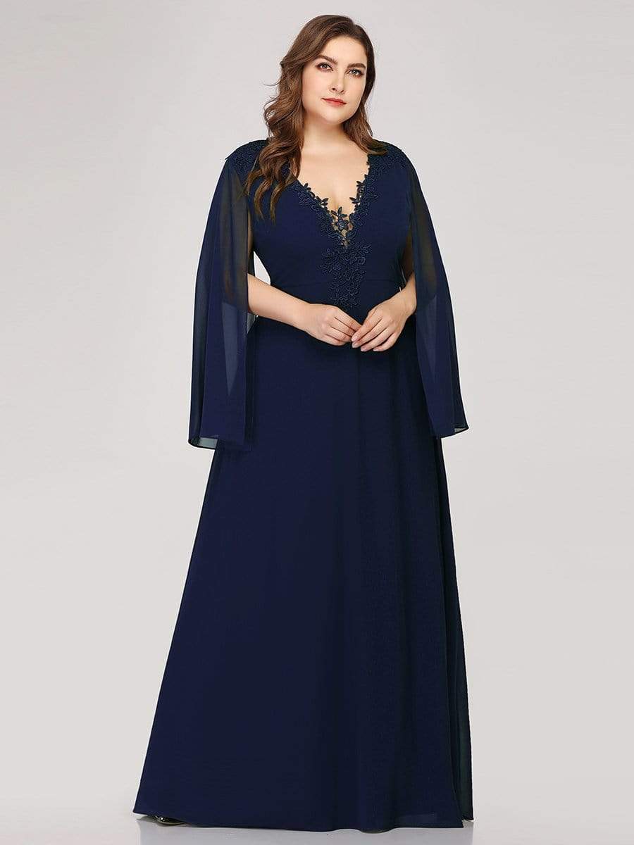 Color=Navy Blue | Plus Size V Neck Evening Dress With Long Sleeves-Navy Blue 4
