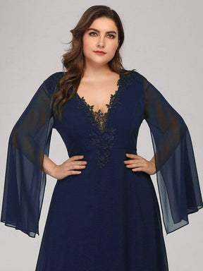 Color=Navy Blue | Plus Size V Neck Evening Dress With Long Sleeves-Navy Blue 5
