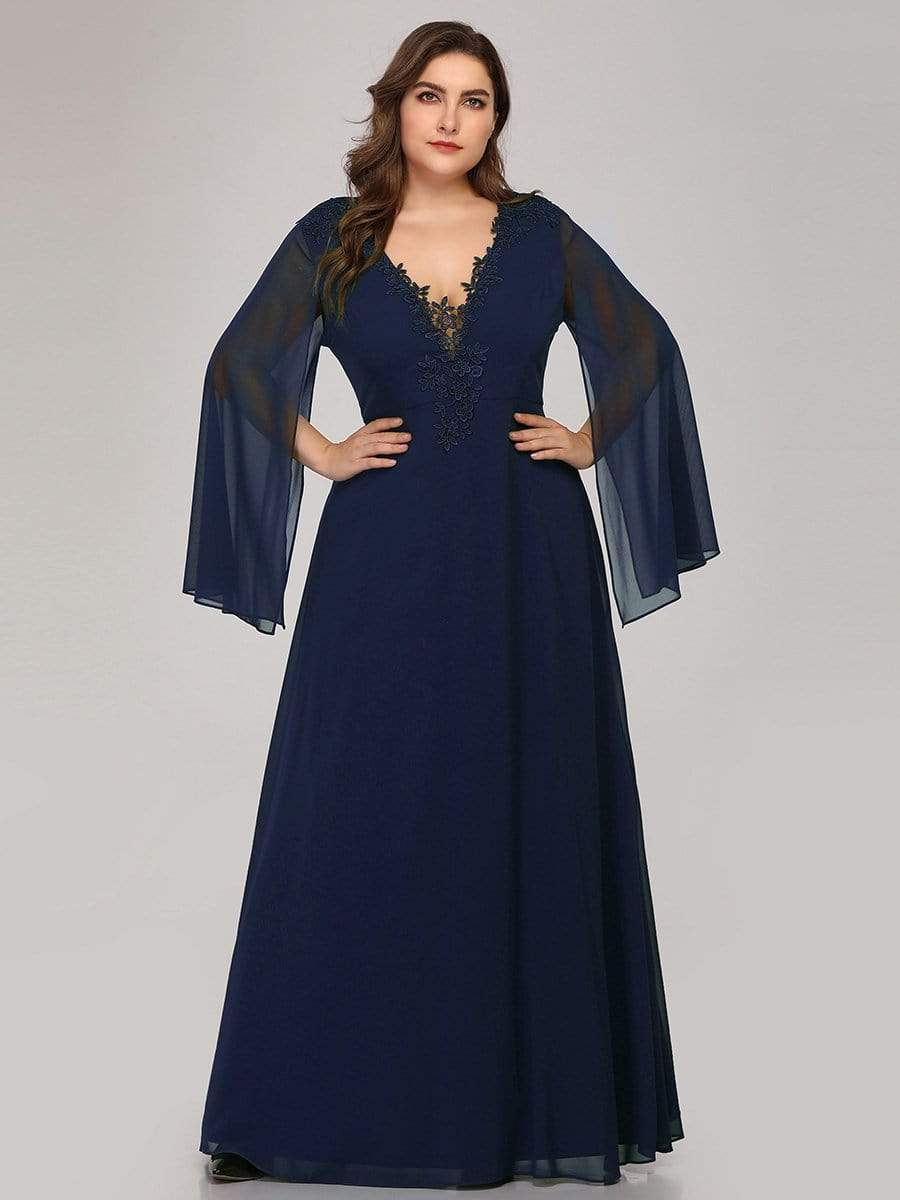 Color=Navy Blue | Plus Size V Neck Evening Dress With Long Sleeves-Navy Blue 1