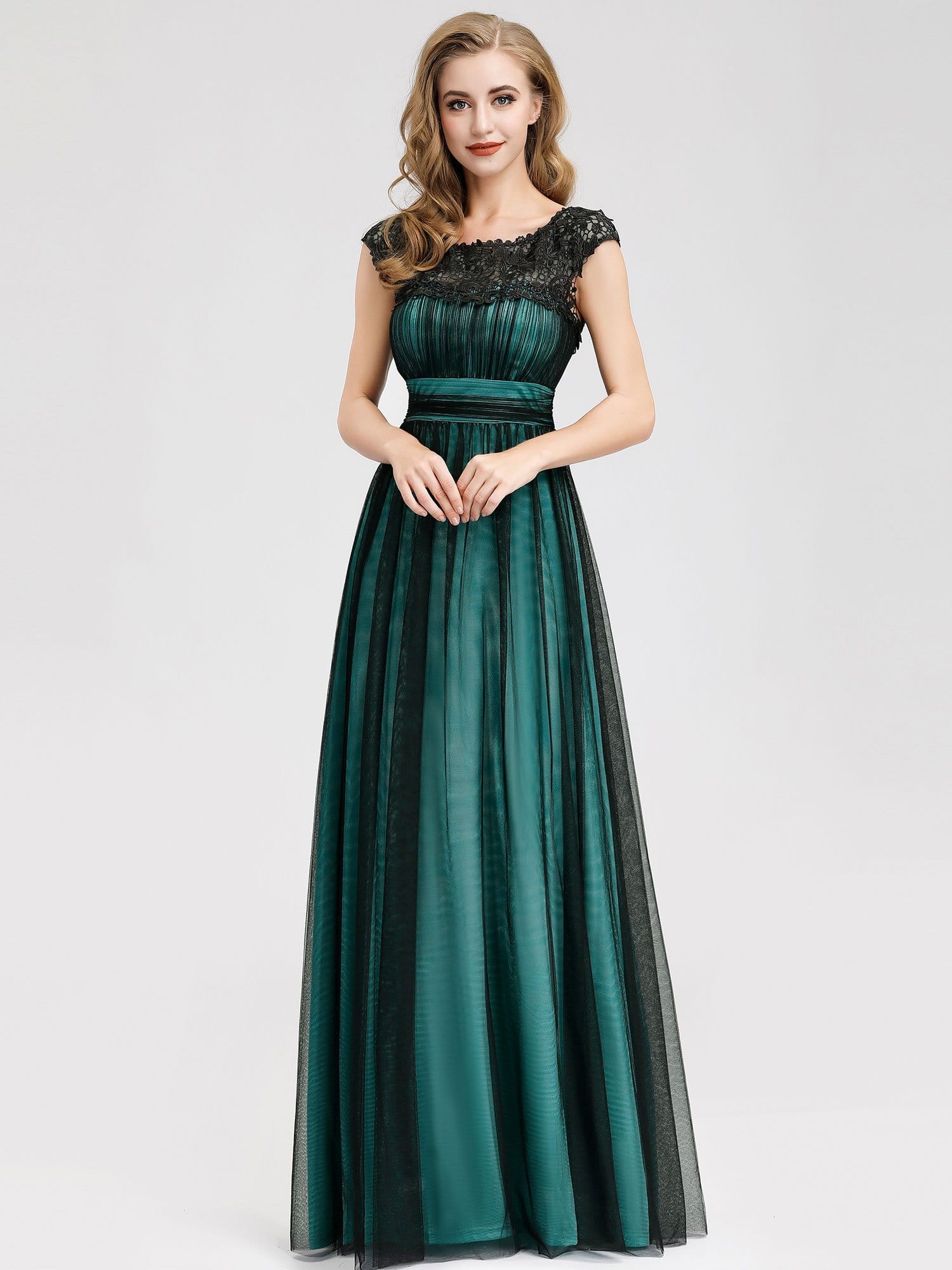 Color=Dark Green | Elegant Round Neck Empire Waist Evening Dress-Dark Green 3