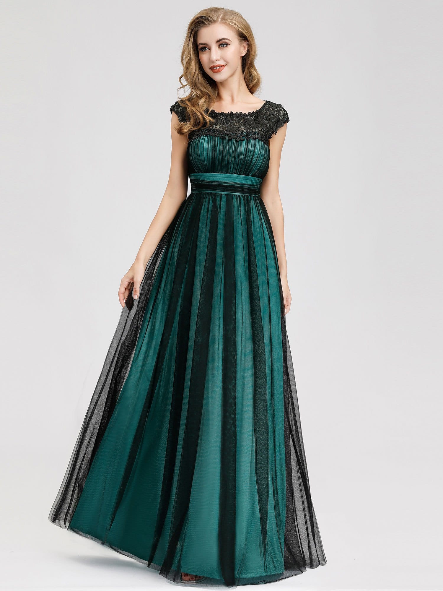 Color=Dark Green | Elegant Round Neck Empire Waist Evening Dress-Dark Green 1
