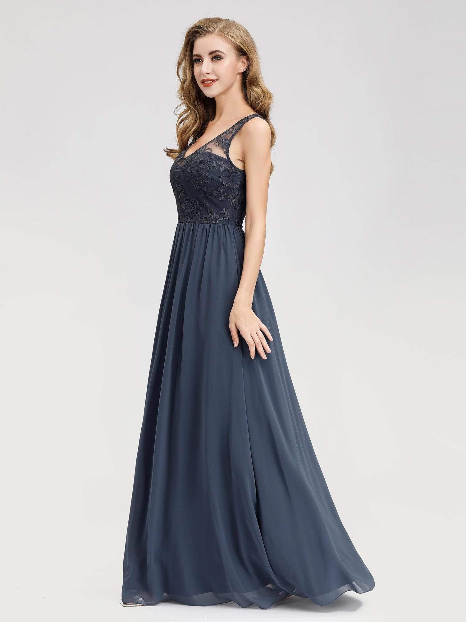 Color=Denim | Bridesmaid Dress With Lace Bust And V-Neck-Denim 2